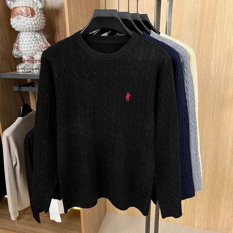 Men's black cable-knit long-sleeved sweater with red polo logo embroidery.