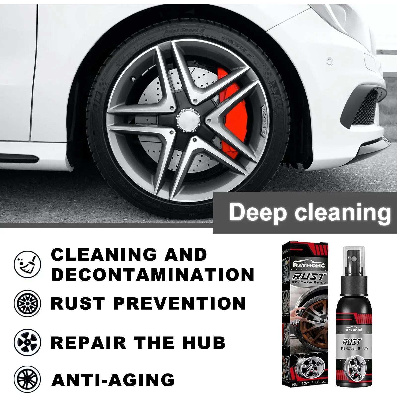 Simples Market universal rust remover spray for car wheels; close-up of silver alloy wheel with red brake caliper.