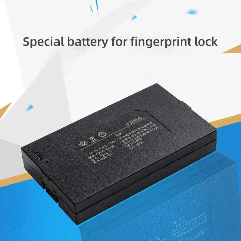 Black battery pack on a blue door lock device with Special battery for fingerprint lock text in the background