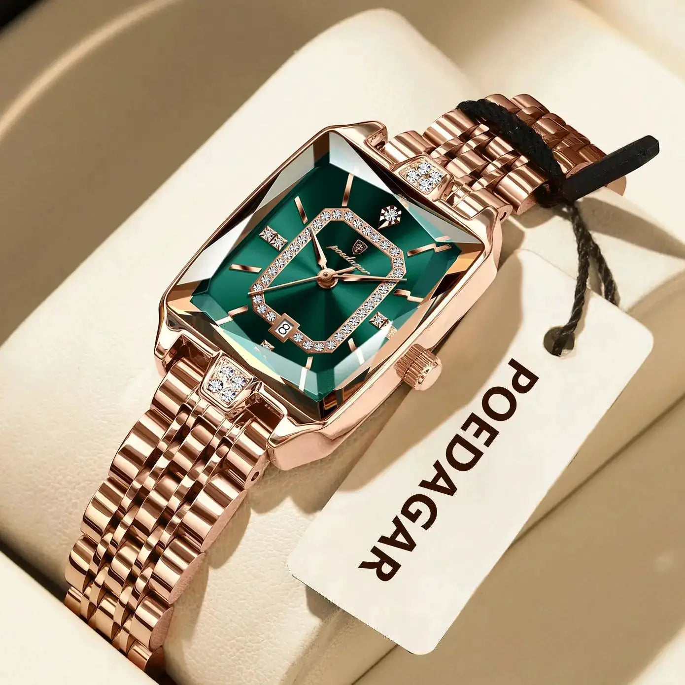 POEDAGAR rose-gold stainless steel women's watch with rectangular green dial, diamond accents, date window