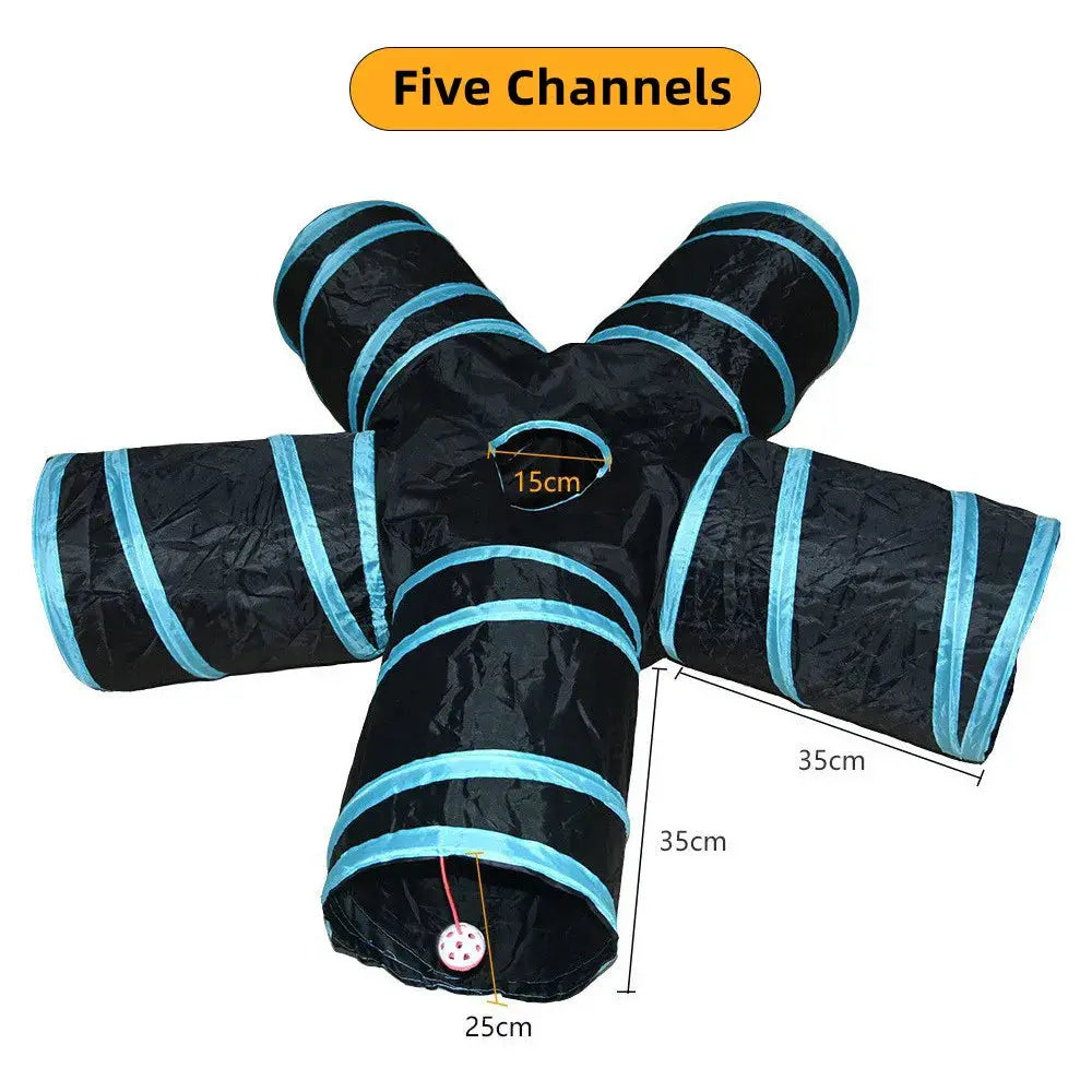 Foldable cat tunnel playset by Simples Market, black with blue trim, cross-shaped five-channel design for indoor cats.