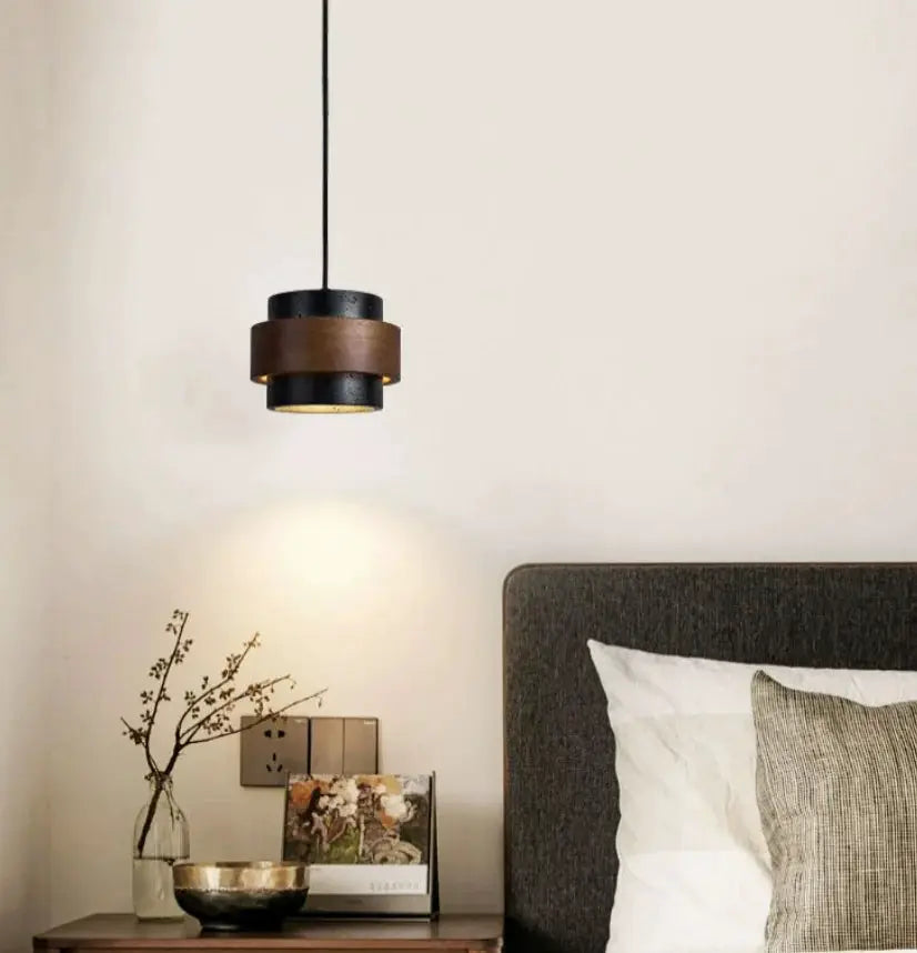 Pendant lamp by Simples Market; black and brown layered wood-look design for Japanese Wabi Sabi style.