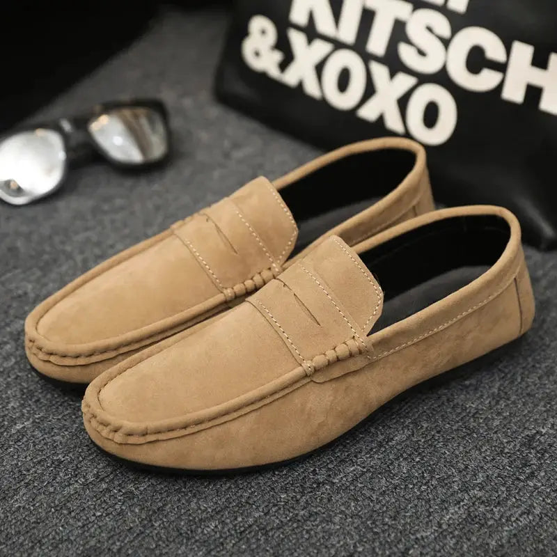 Casual men's driving loafers, tan suede, slip-on pair