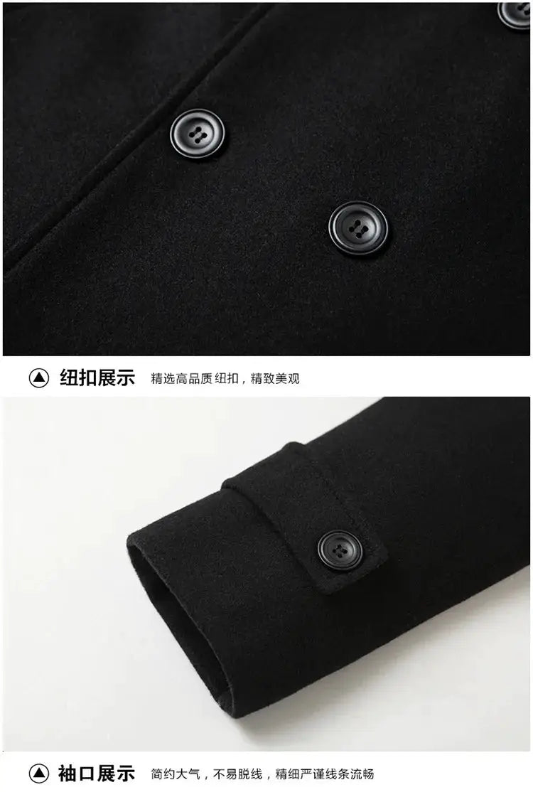 Simples Market men's double-breasted black wool coat; front buttons with cuff button detail.