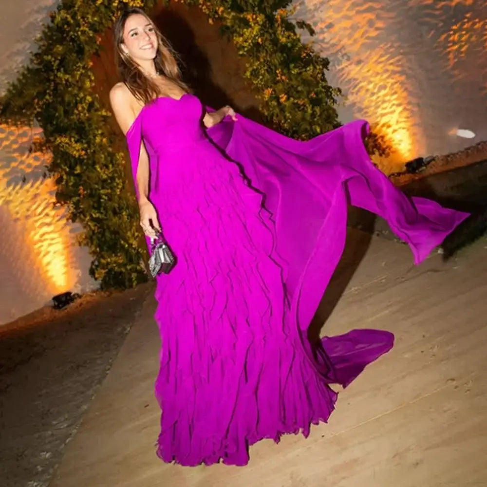 Ruffles Prom Dress Chiffon A Line Evening Gown With Detachable Shawl