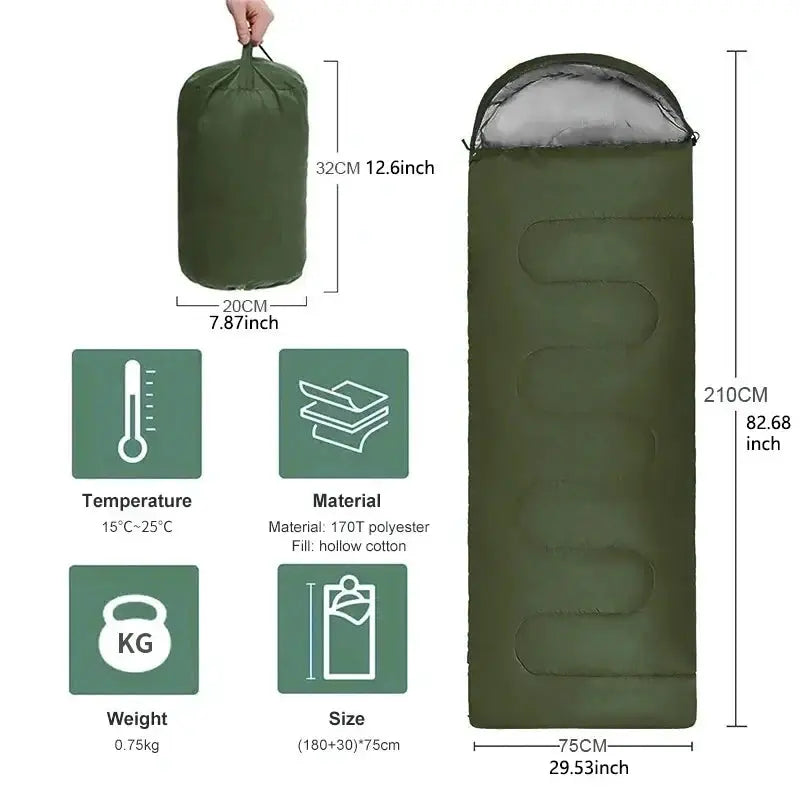 Camping sleeping bag ultralight waterproof 4-season envelope, green shell with 170T polyester and hollow cotton fill
