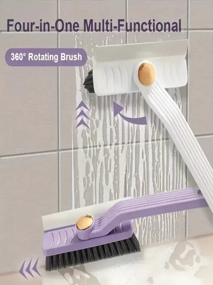 Simples Market 4-in-1 360° rotating scrub brush set for bathroom tiles; white and purple handles with built-in scraper