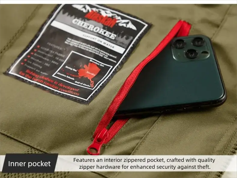 Men's olive-green outdoor tooling multi-pocket vest with red zipper and inner pocket for smartphone.