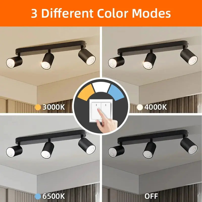 Simples Market modern GU10 LED spotlight ceiling fixture with 3 adjustable black heads and 3000K/4000K/6500K color modes