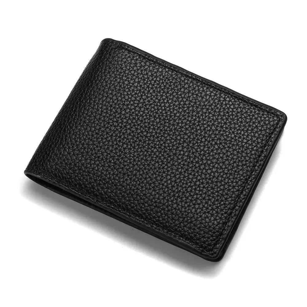 Black textured leather men's wallet, compact bi-fold design with lightweight minimalist build.