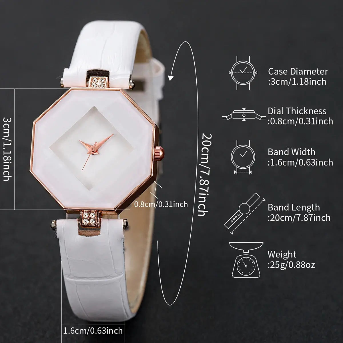 2pc Simples Market women's watch set; white leather band, rose-gold octagonal case, pearl dial, analog quartz