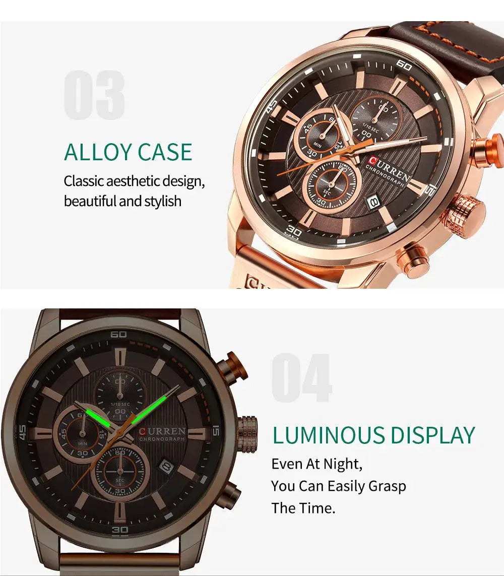 CURREN 8291 men's quartz chronograph watches, two watches, rose-gold alloy case, brown leather strap, bronze bracelet