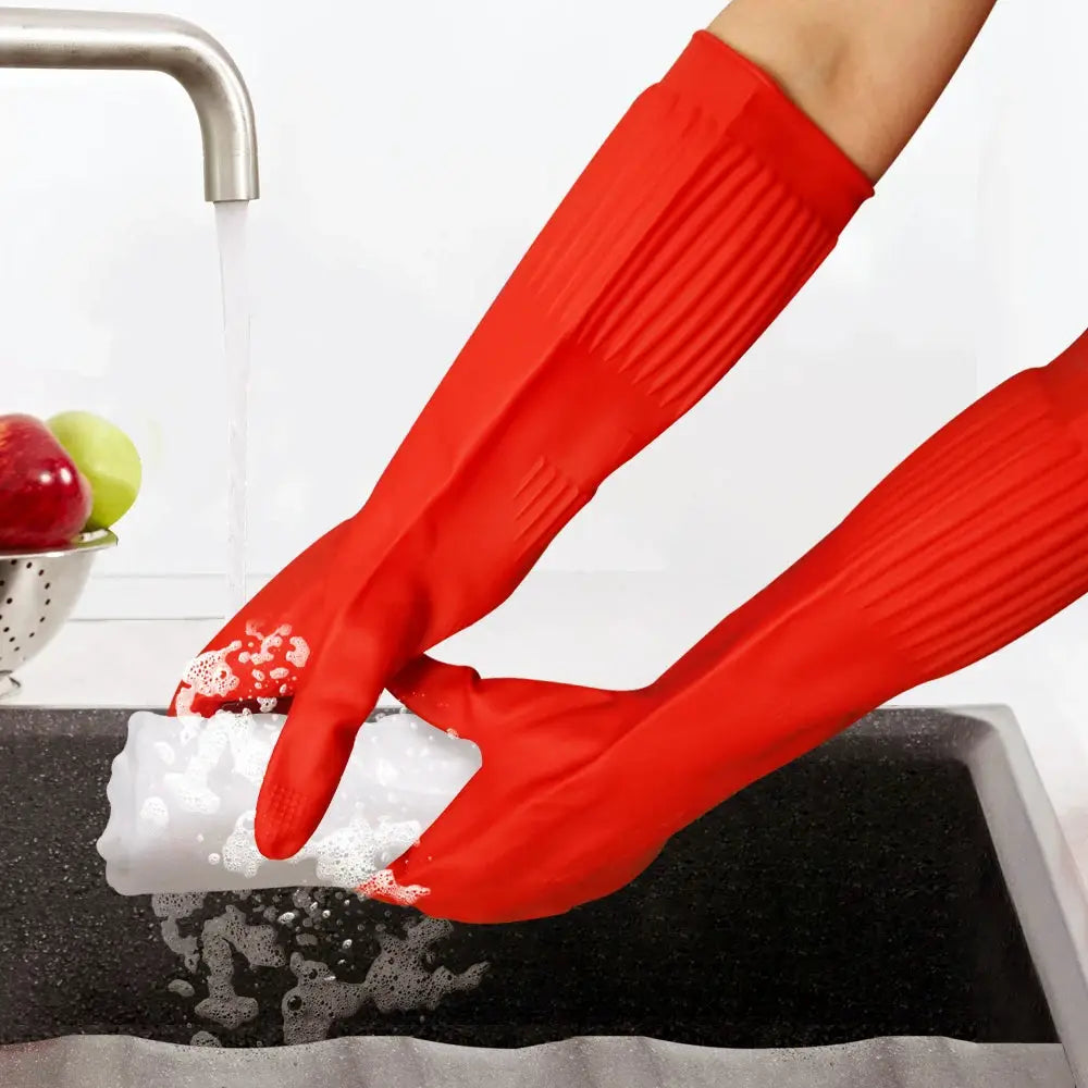 1 pair Simples Market red silicone dishwashing gloves with long ribbed cuffs