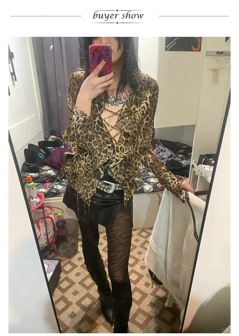 Leopard print lace-up V-neck blouse with long sleeves, Harajuku-inspired grunge style