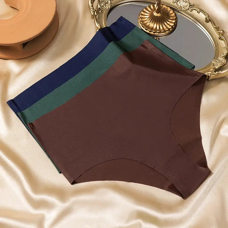 3-piece high-waist women's seamless panties set in brown with blue and green waistband accents
