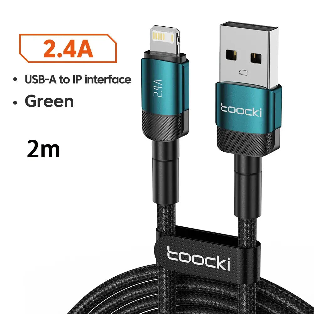 Toocki USB A to Lightning charging cable, 2m, green aluminum housing, braided black cord; brand visible