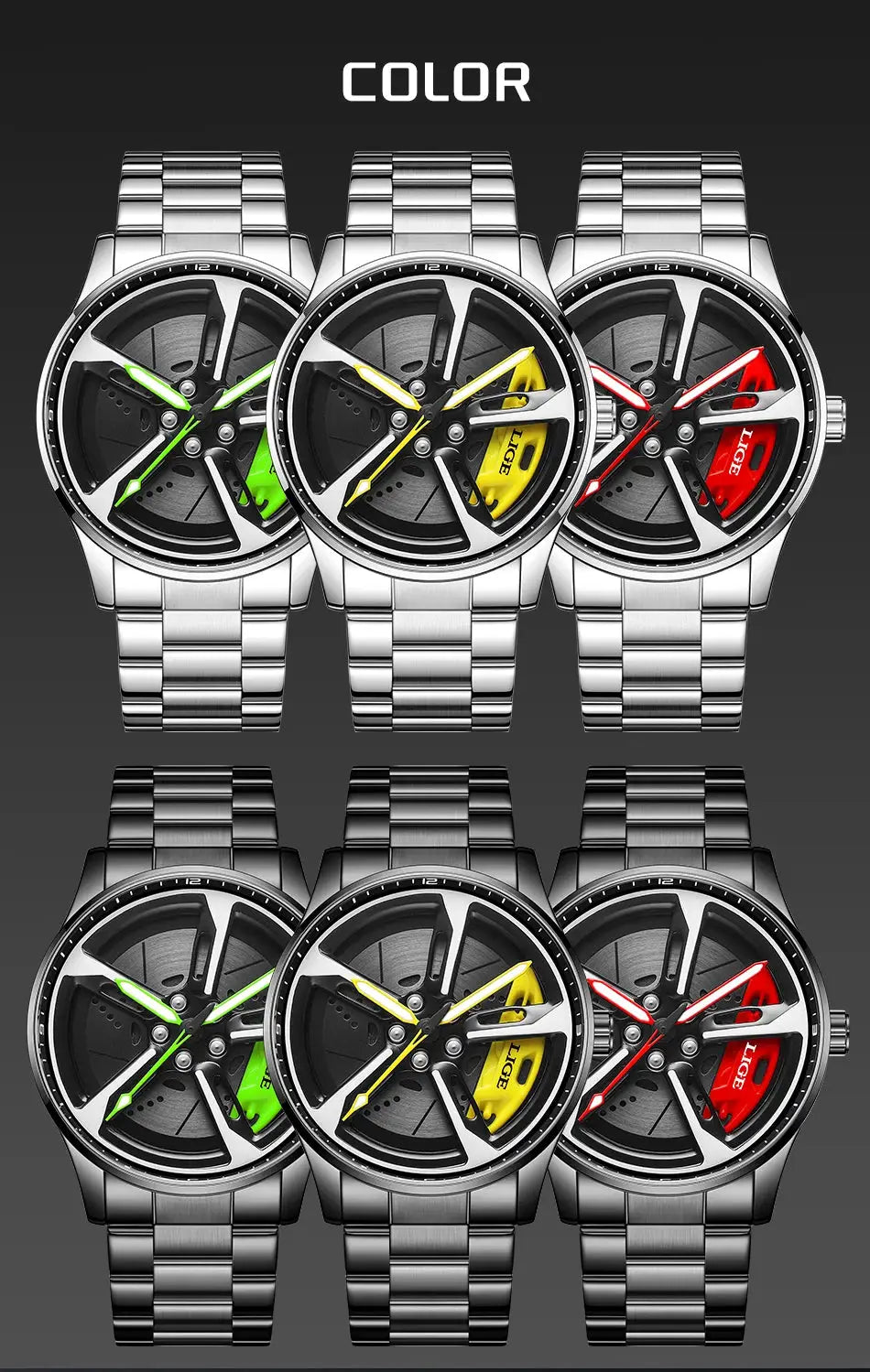 LIGE sport watches with rotating wheel dials, stainless steel bands; six watches in green, yellow and red accents.