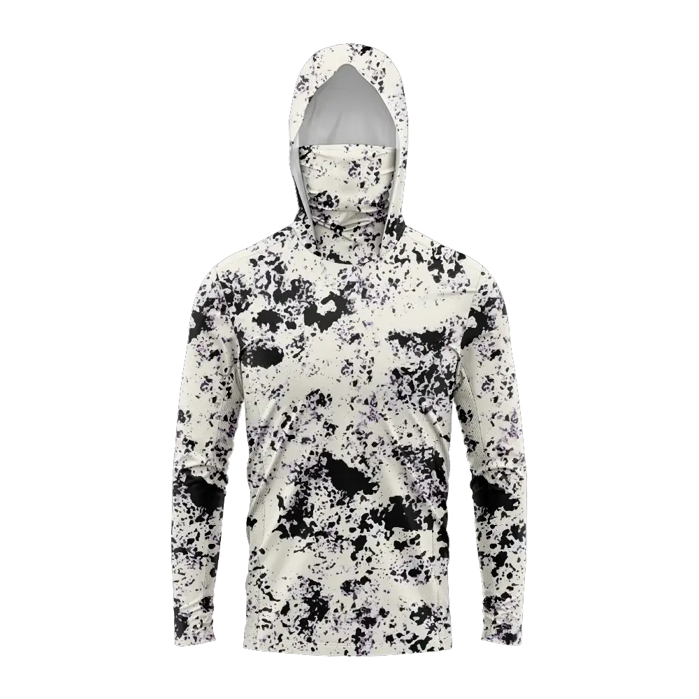 Men's hooded fishing shirt with UV protection, long sleeves, Simples Market; white with black splatter camo.