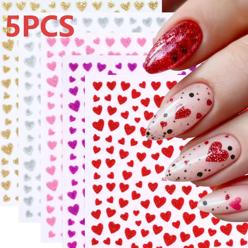 8pc 3D mixed color heart nail stickers by Simples Market; self-adhesive red, pink and glitter hearts for manicure.