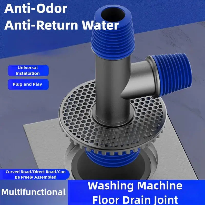 Simples Market universal washing machine floor drain 2-in-1 sewer connector with blue threaded fittings and strainer