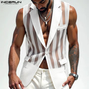 INCERUN men's mesh striped sleeveless vest with transparent panels, white blazer-style waistcoat, single button.