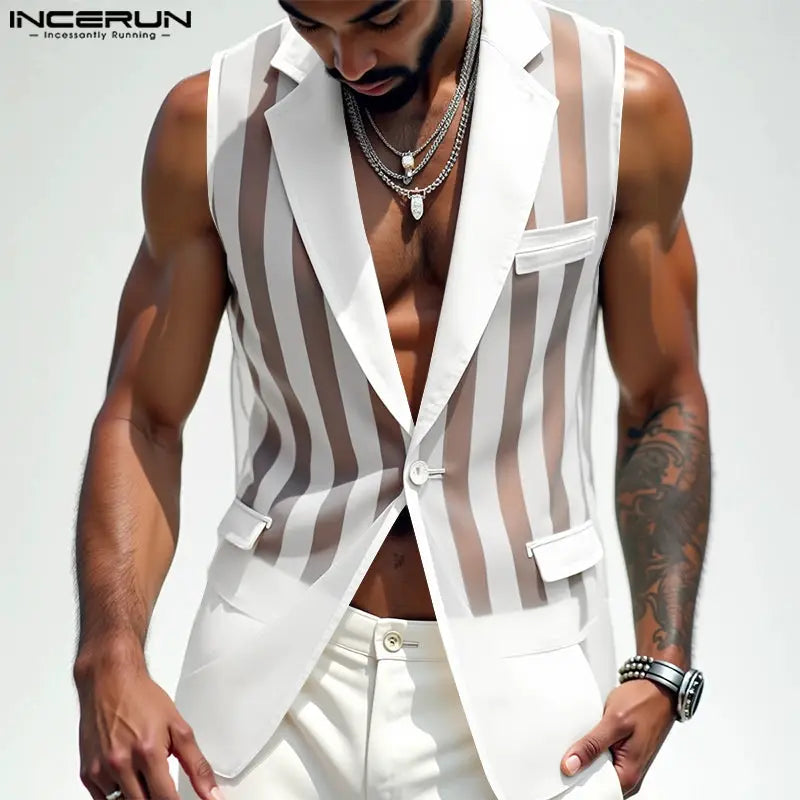 INCERUN men's mesh striped sleeveless vest with transparent panels, white blazer-style waistcoat, single button.