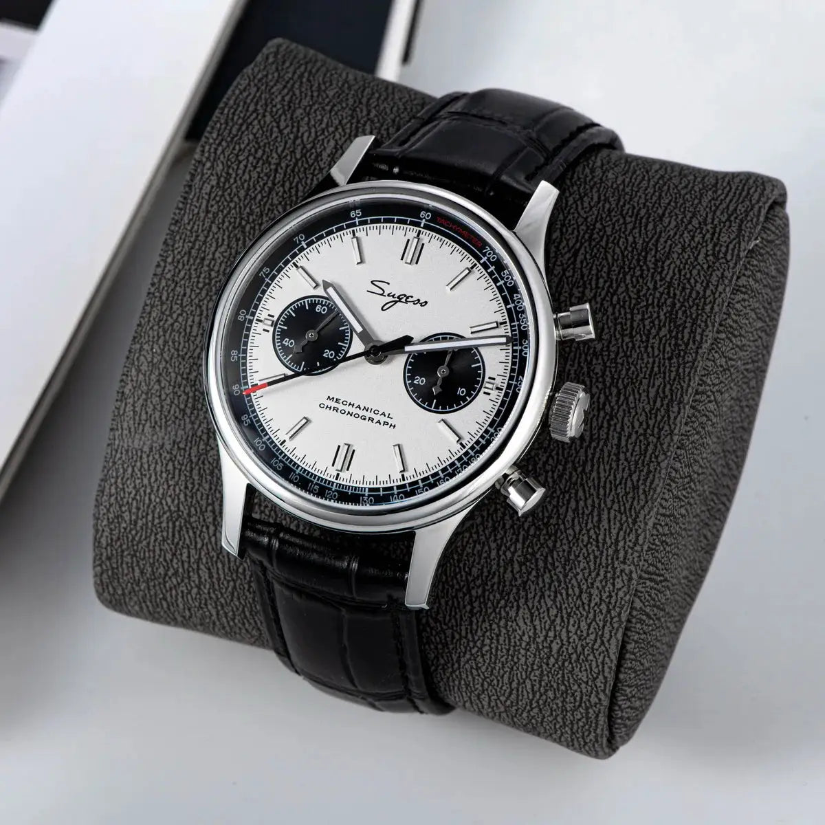 Sugess 1963 Pilot Watch with panda dial and black leather strap