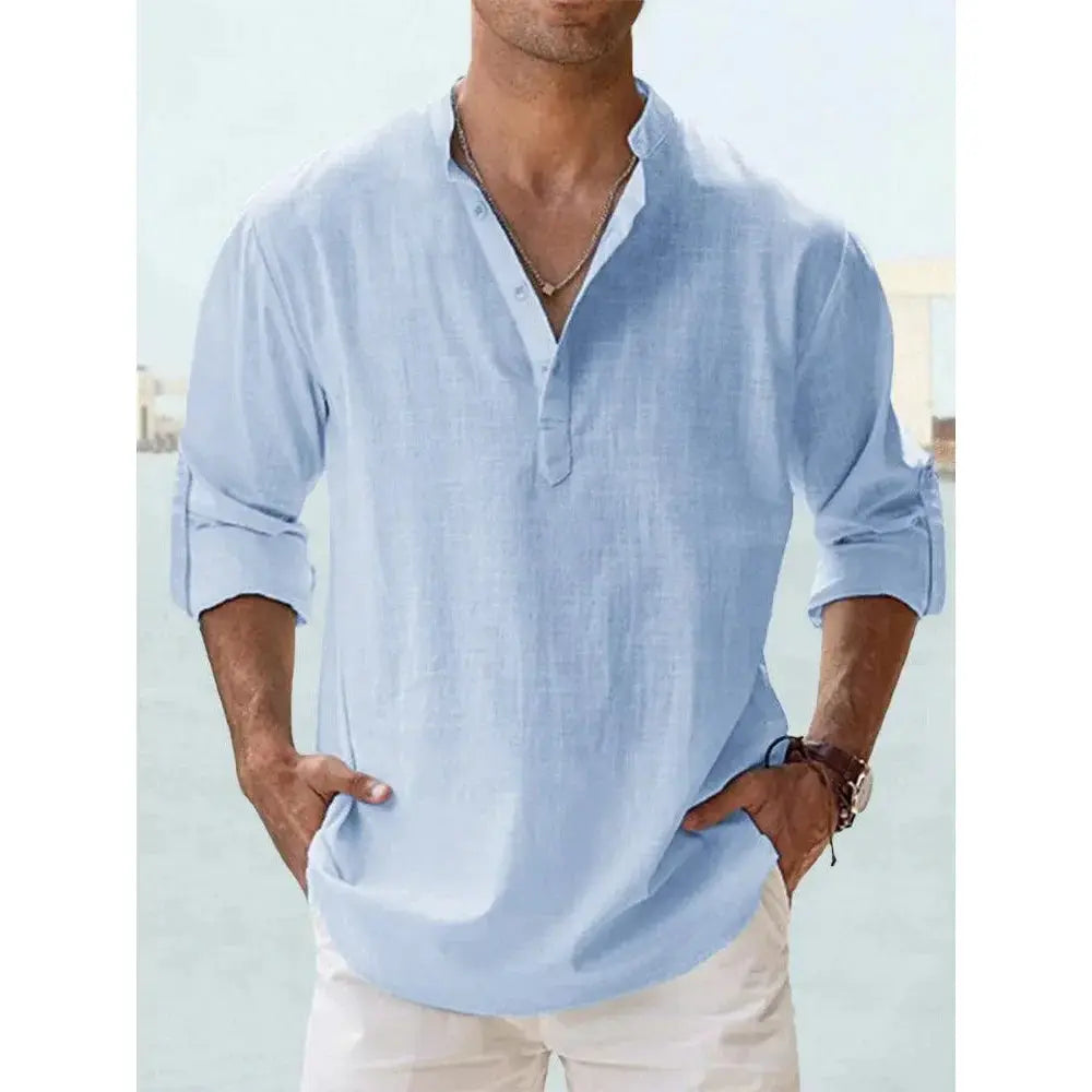 Men's Cotton Linen Blend Short Sleeve Henley Shirt For Summer Casual Beach Vacation