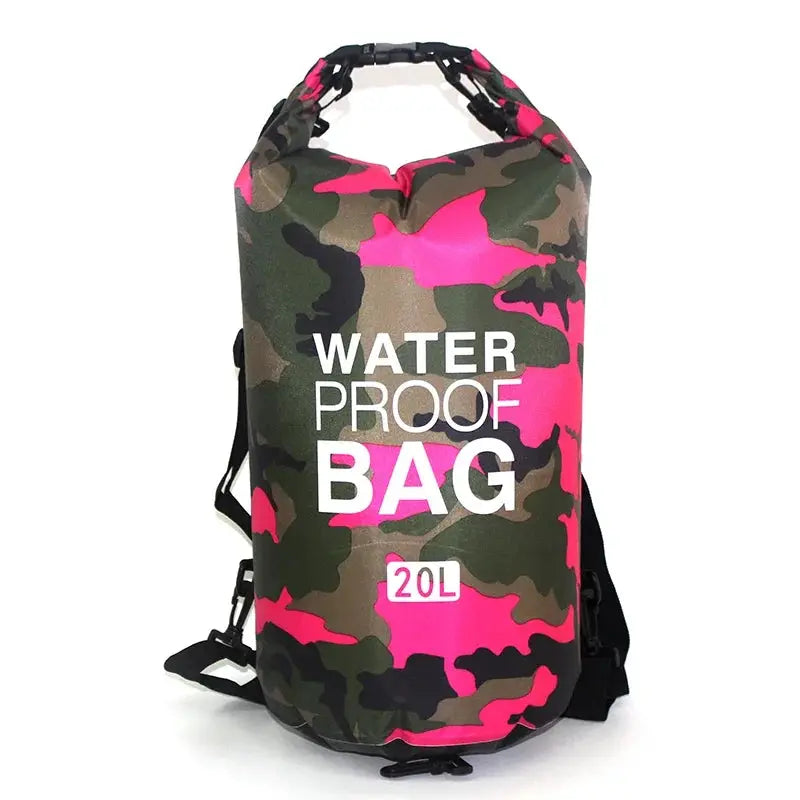Simples Market waterproof dry bag 20L in pink camouflage with shoulder strap