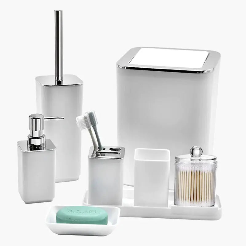 Simples Market 8-piece bathroom storage set in white chrome, includes dispenser, toothbrush holder, trash can.