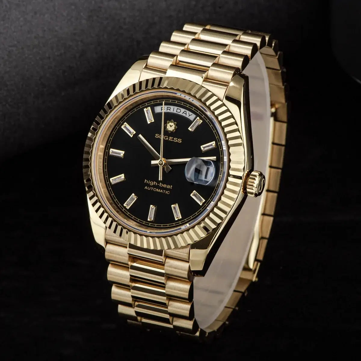 Sugess men's 40mm gold-tone wristwatch with black dial, automatic movement, day/date window, sapphire glass, gold bracelet.