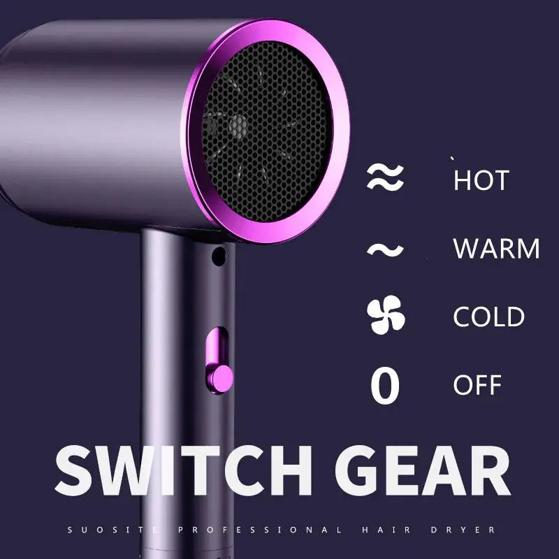 Simples Market high-speed hair dryer in purple with pink ring; professional, ultra-silent, for home or salon use.