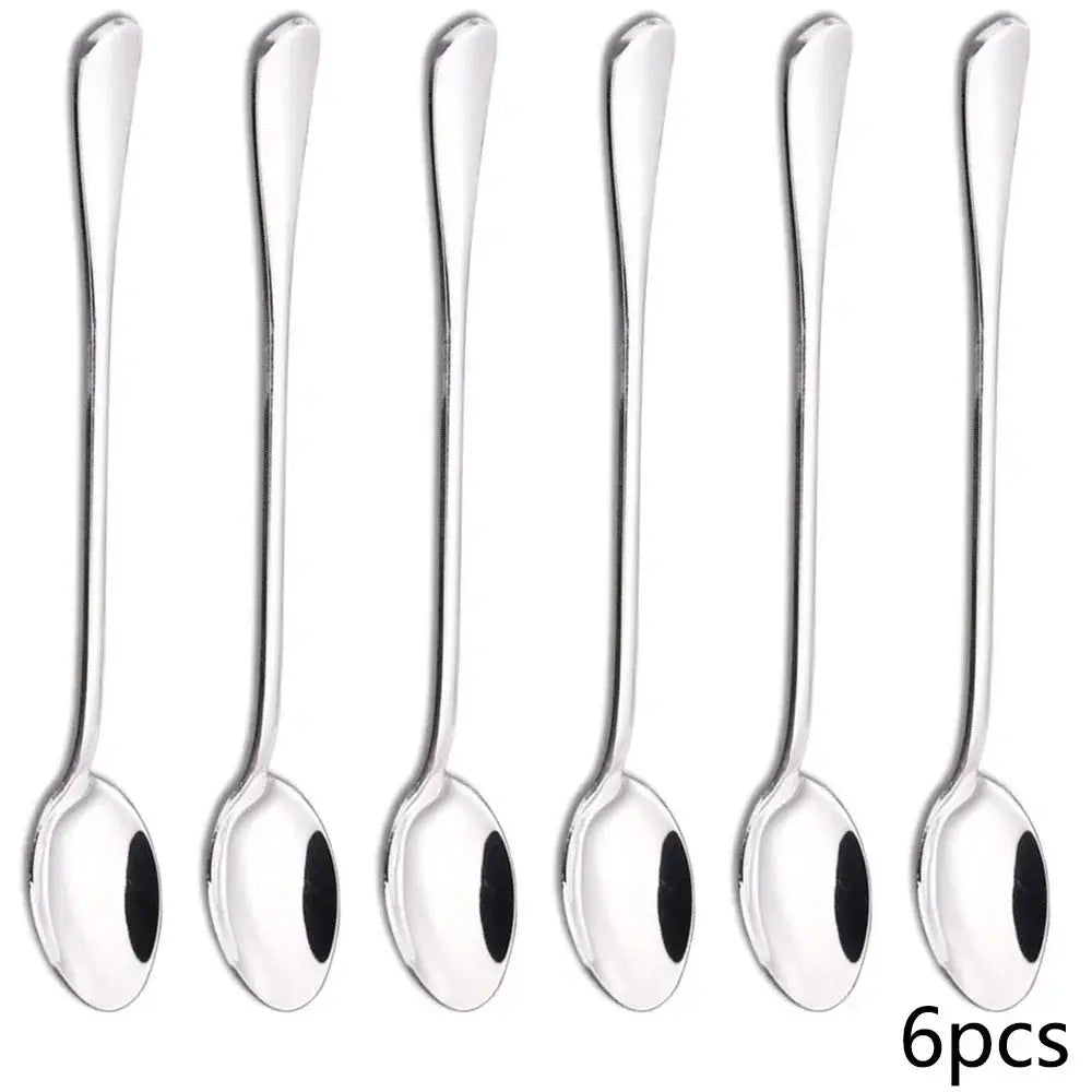 Six Piece Long Handled Stainless Steel Spoon Set Coffee Ice Thickened Design Pointed Stirring Spoons With Round Tips