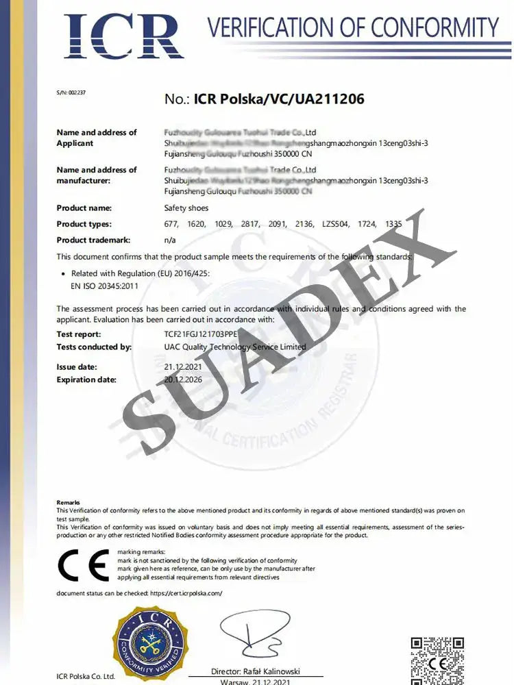 SUADEX safety shoes for France VIP by Simples Market, ICR conformity certificate (sample)