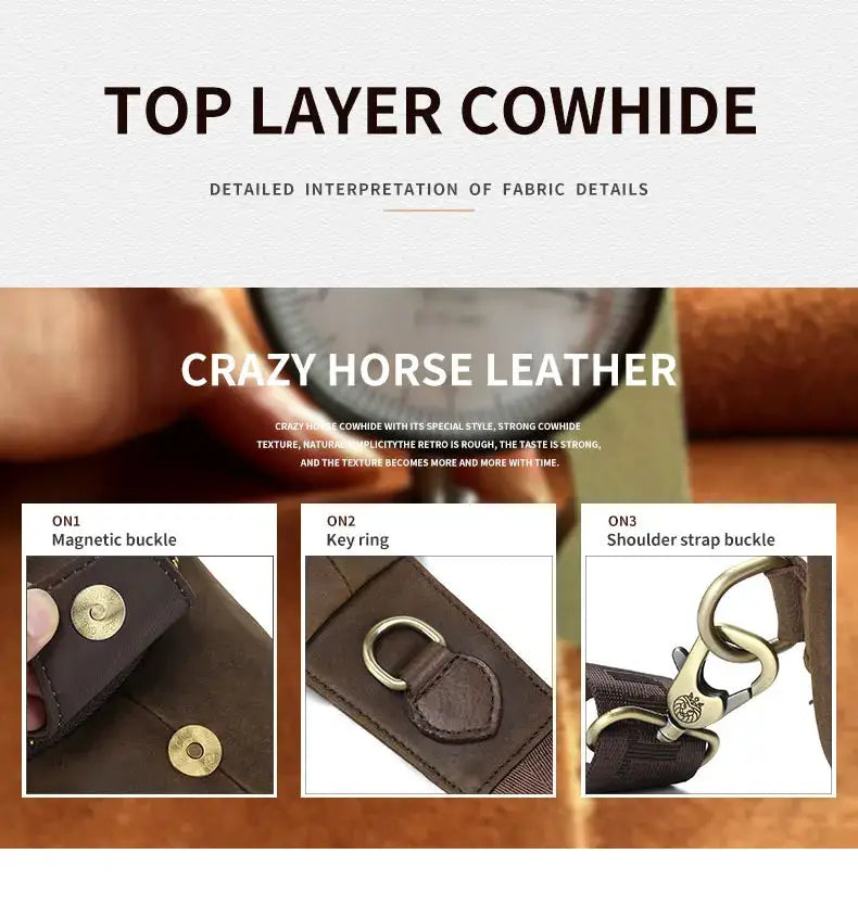 SCHLATUM genuine brown Crazy Horse leather chest bag by Simples Market with magnetic buckle and key ring