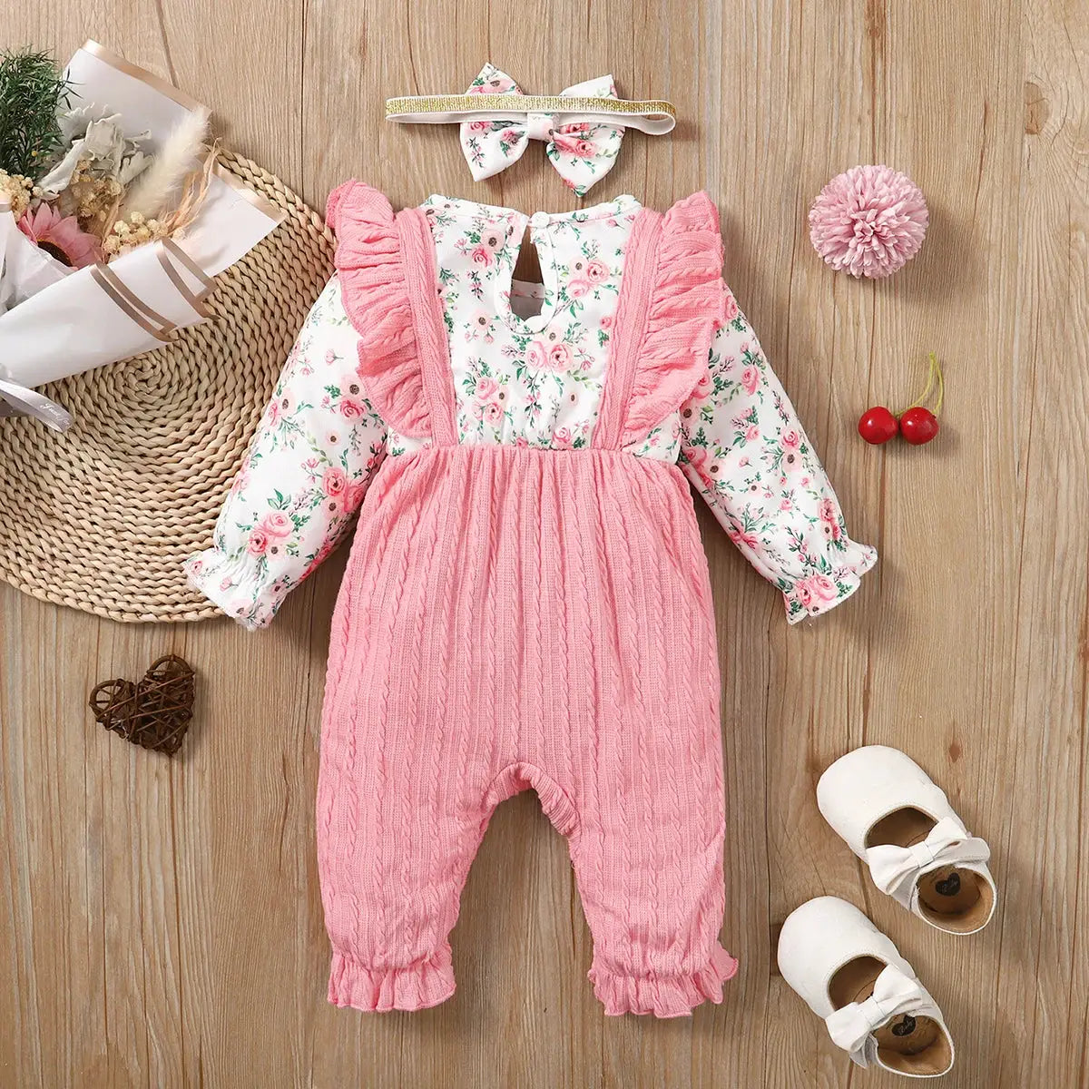 0-18 Months Floral Long Sleeve Baby Girl Romper With Bow Bodysuit And Headband Set For Spring And Autumn