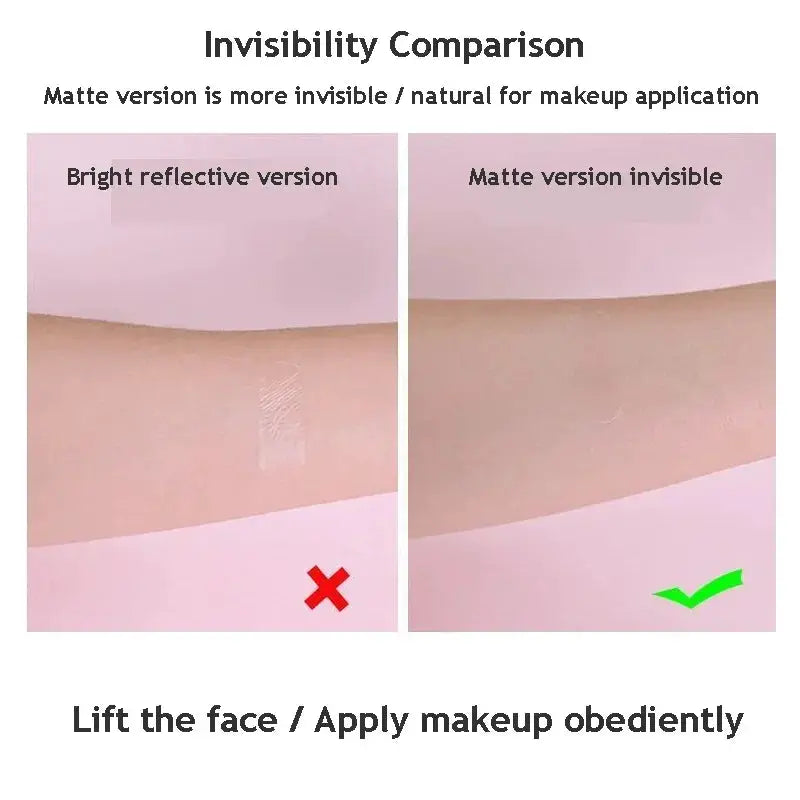 V Lift face tape sticker by Simples Market; matte invisible patch shown for chin lift vs bright version on skin