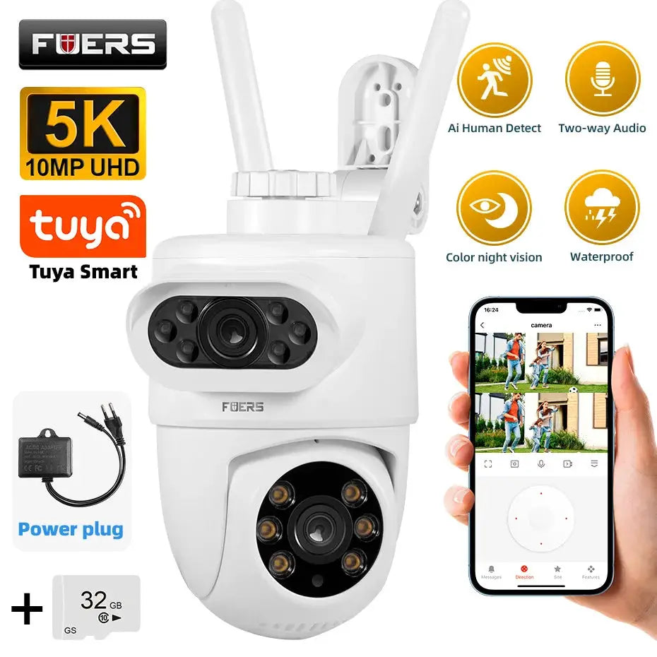 FUERS 5K 10MP dual-lens IP camera, white outdoor WiFi CCTV with Tuya Smart