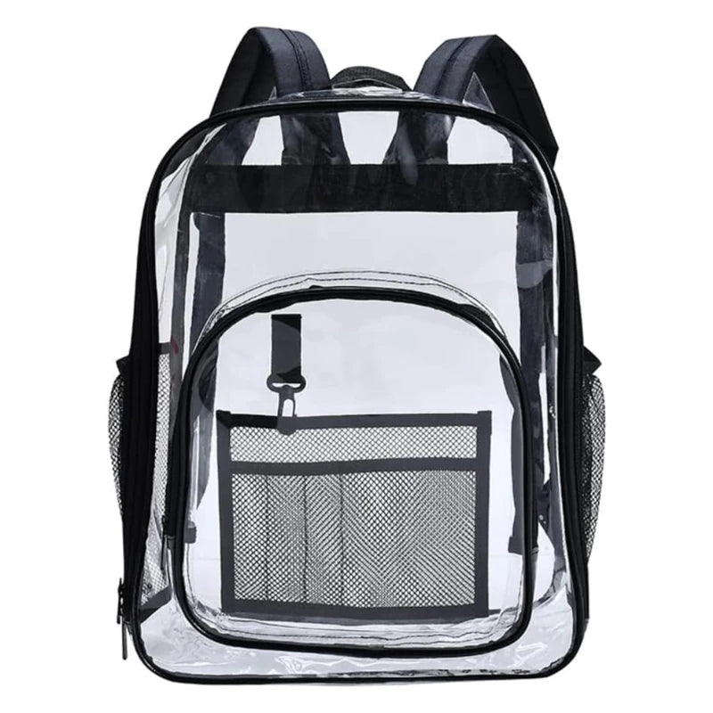 Backpack by Simples Market, clear bag with black trim and front mesh pocket