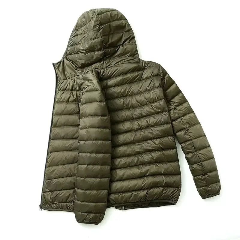 Duck down hooded jacket by Simples Market, olive green ultra-light quilted puffer for men