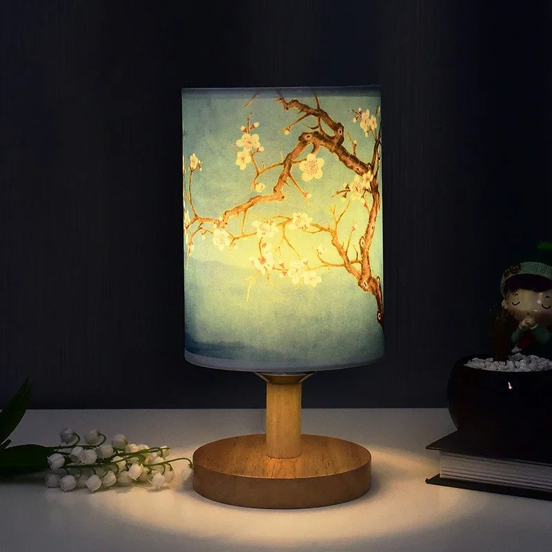 LED table lamp Simples Market with fabric shade featuring plum blossom, dimmable night light, wooden base