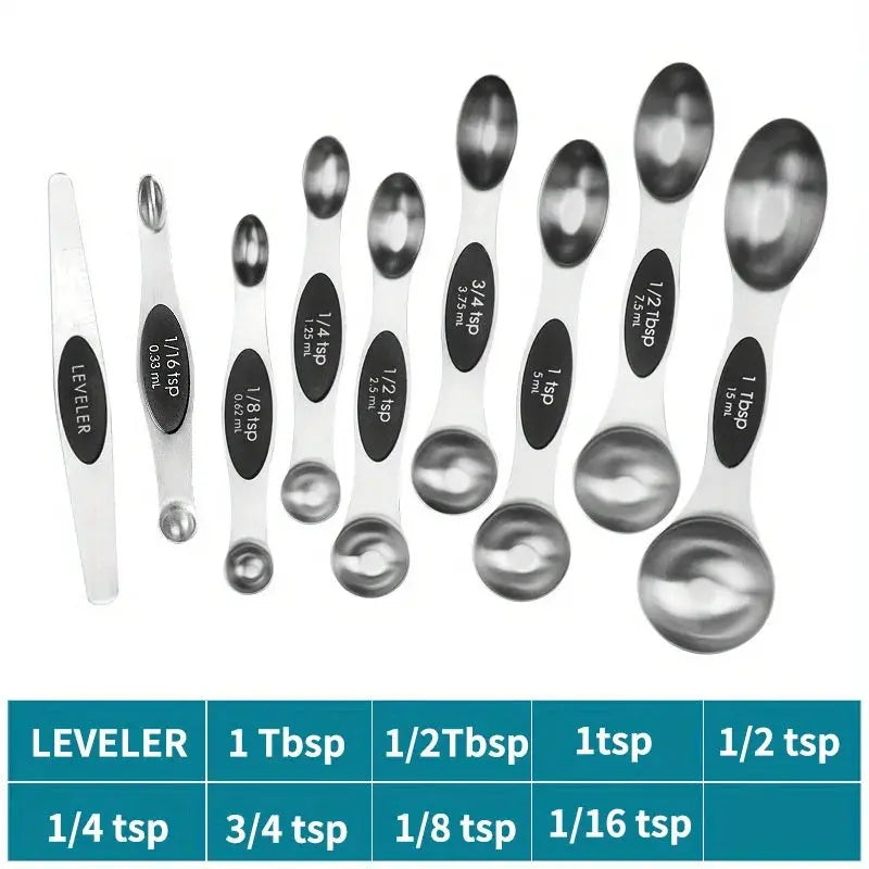 ChefMate Stainless Steel Double Headed Measuring Spoon Set 9 Piece With Magnetic Suction And Precise Scale
