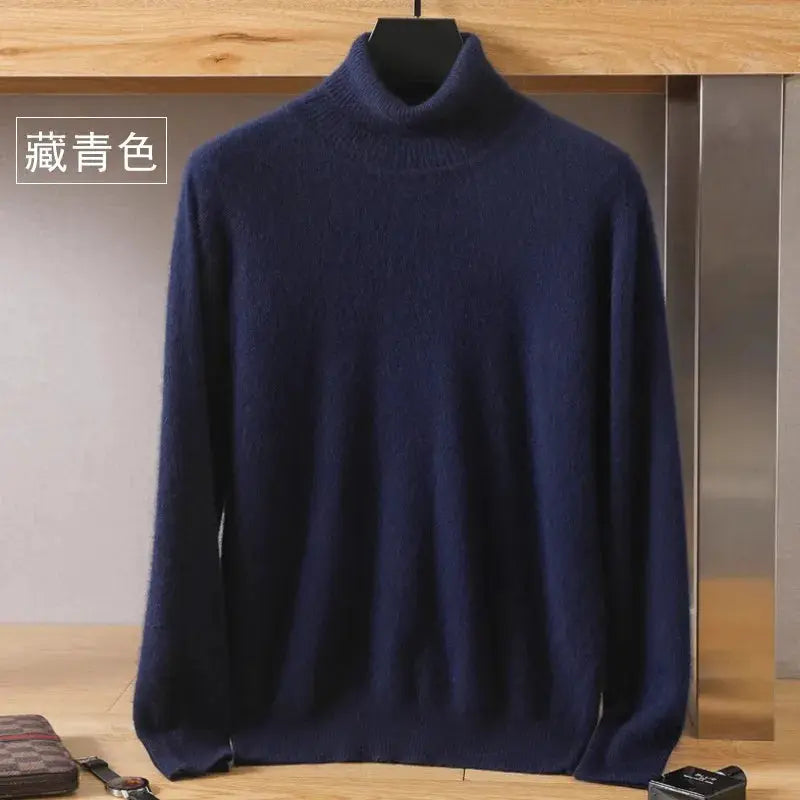 Men's mink velvet cashmere sweater navy blue, high-neck knit pullover by Simples Market
