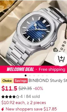 BINBOND men's wristwatch with stainless steel bracelet and blue dial