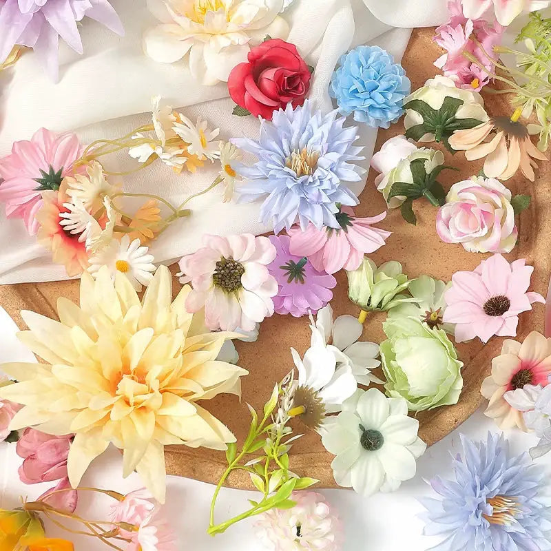 Silk artificial flowers mix, 20/50pcs assorted blooms in pastel colors for home decor, weddings and crafts.