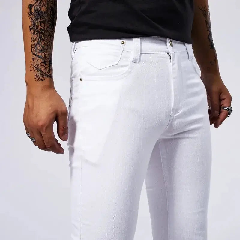 Mens White Casual Jeans Slim Fit Straight Denim Pants Streetwear