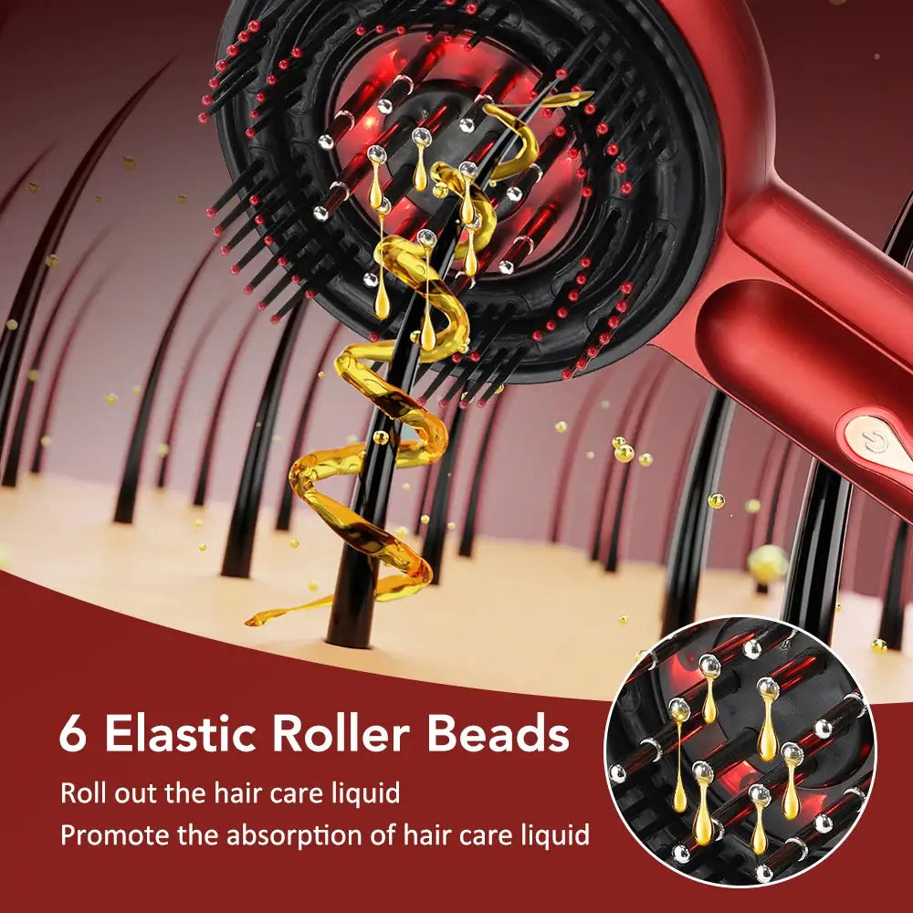 Electric head massager with red handle and 6 elastic roller beads; oil applicator for hair care