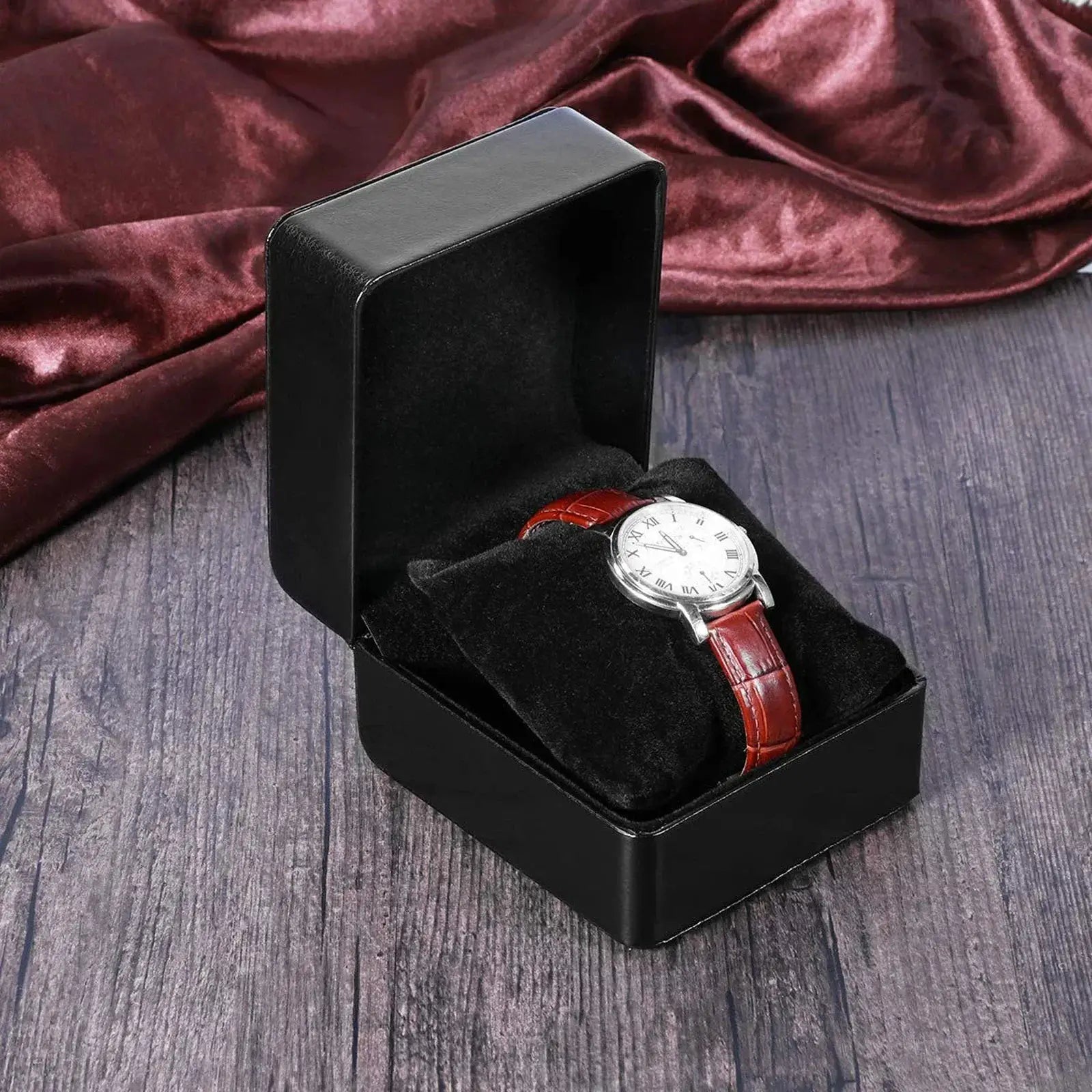 LuxGuard Black PU Leather Clamshell Watch Gift Box With Pillow For Men Display Case