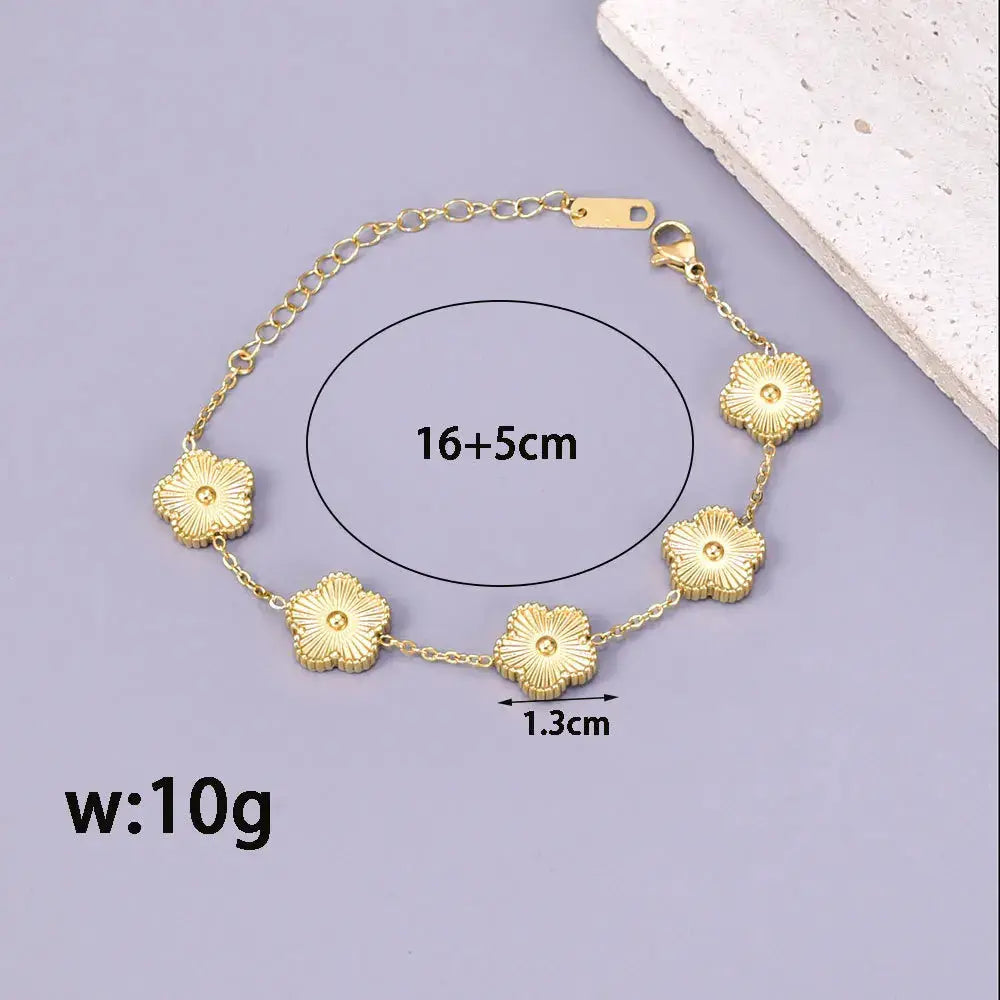 S15 Fashionable Five Leaf Flower Stainless Steel Bracelet For Women Gold Tone Jewelry Lucky Charm