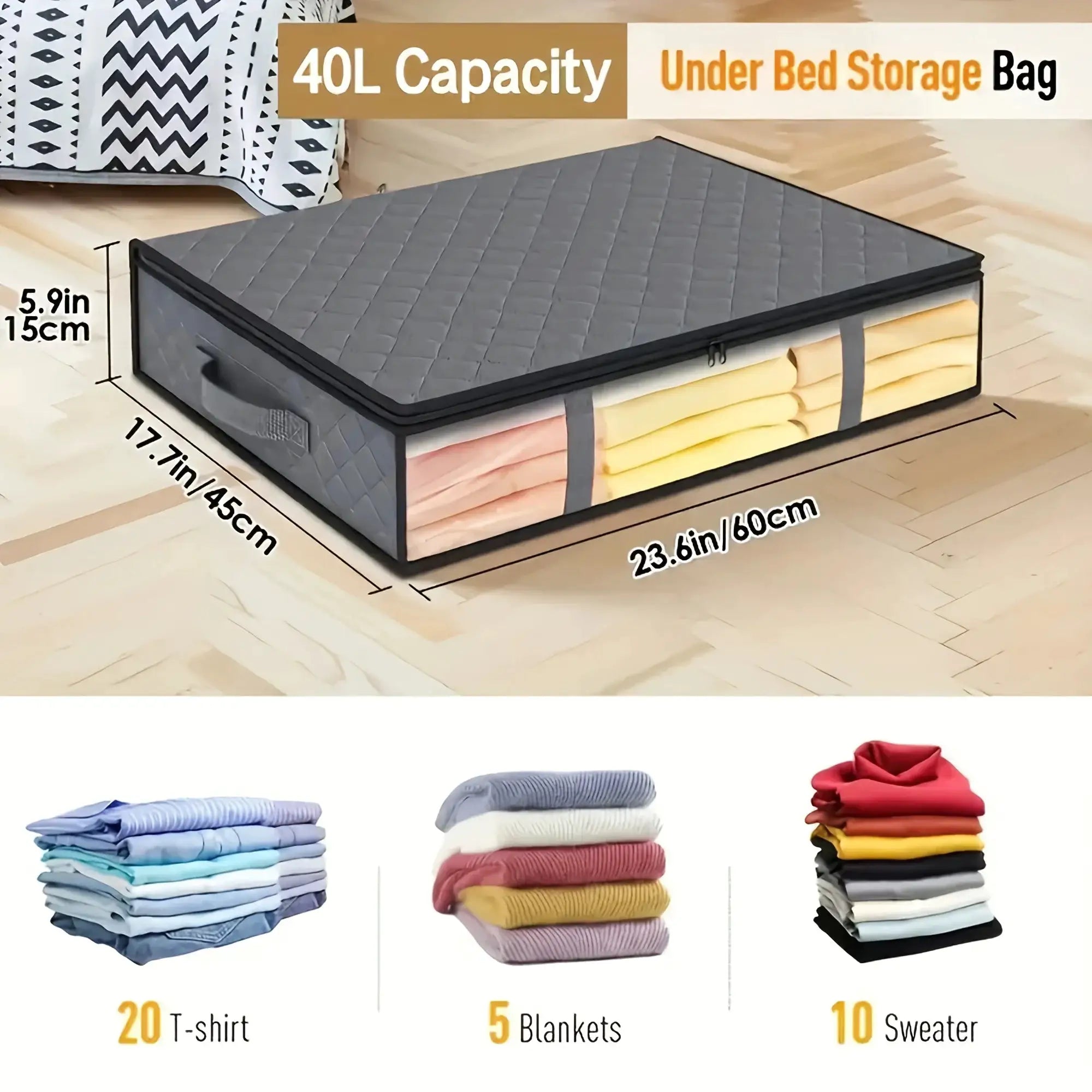 Under bed storage bag set (2pcs) Simples Market, gray quilted non-woven with clear window and reinforced handles